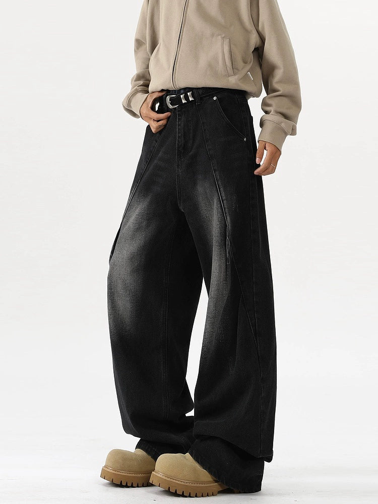 Wide-Leg Pleated Deconstructed Jeans