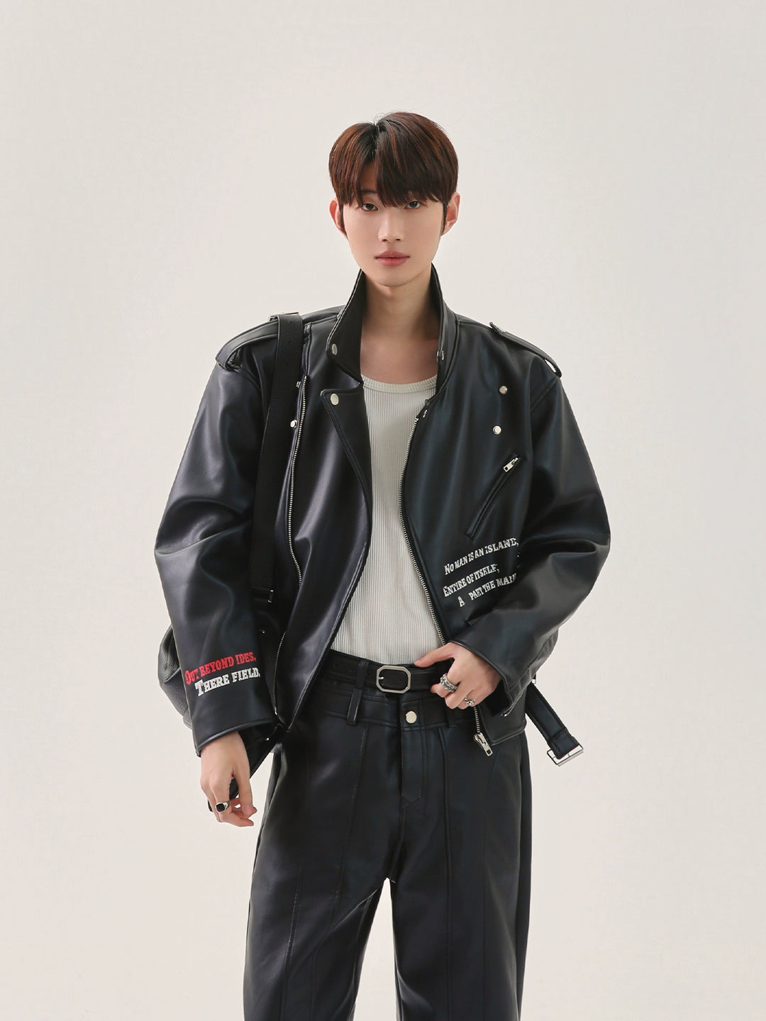 Letter Print Leather Motorcycle Jacket