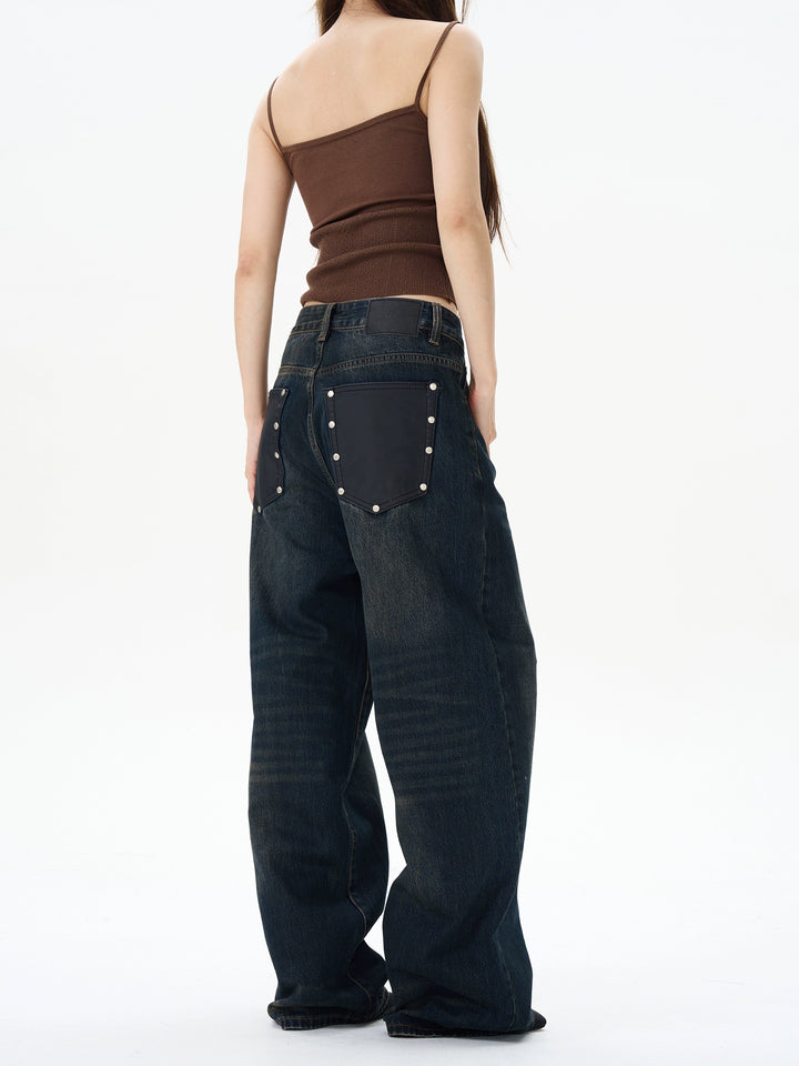 PU Leather Patch Pocket Jeans