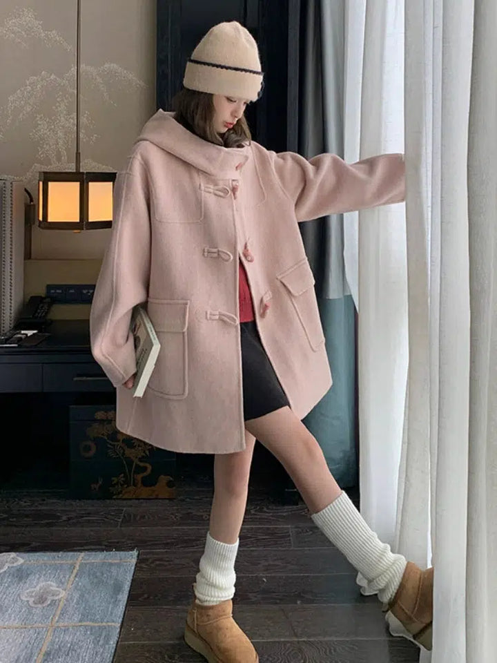 Pink Hooded Wool Coat with Toggle Buttons-The Korean Fashion