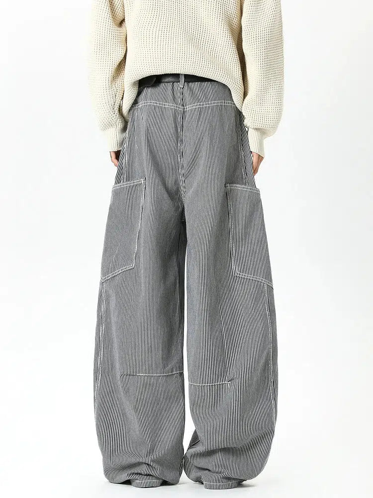 Retro Wide-Leg Striped Casual Pants-The Korean Fashion