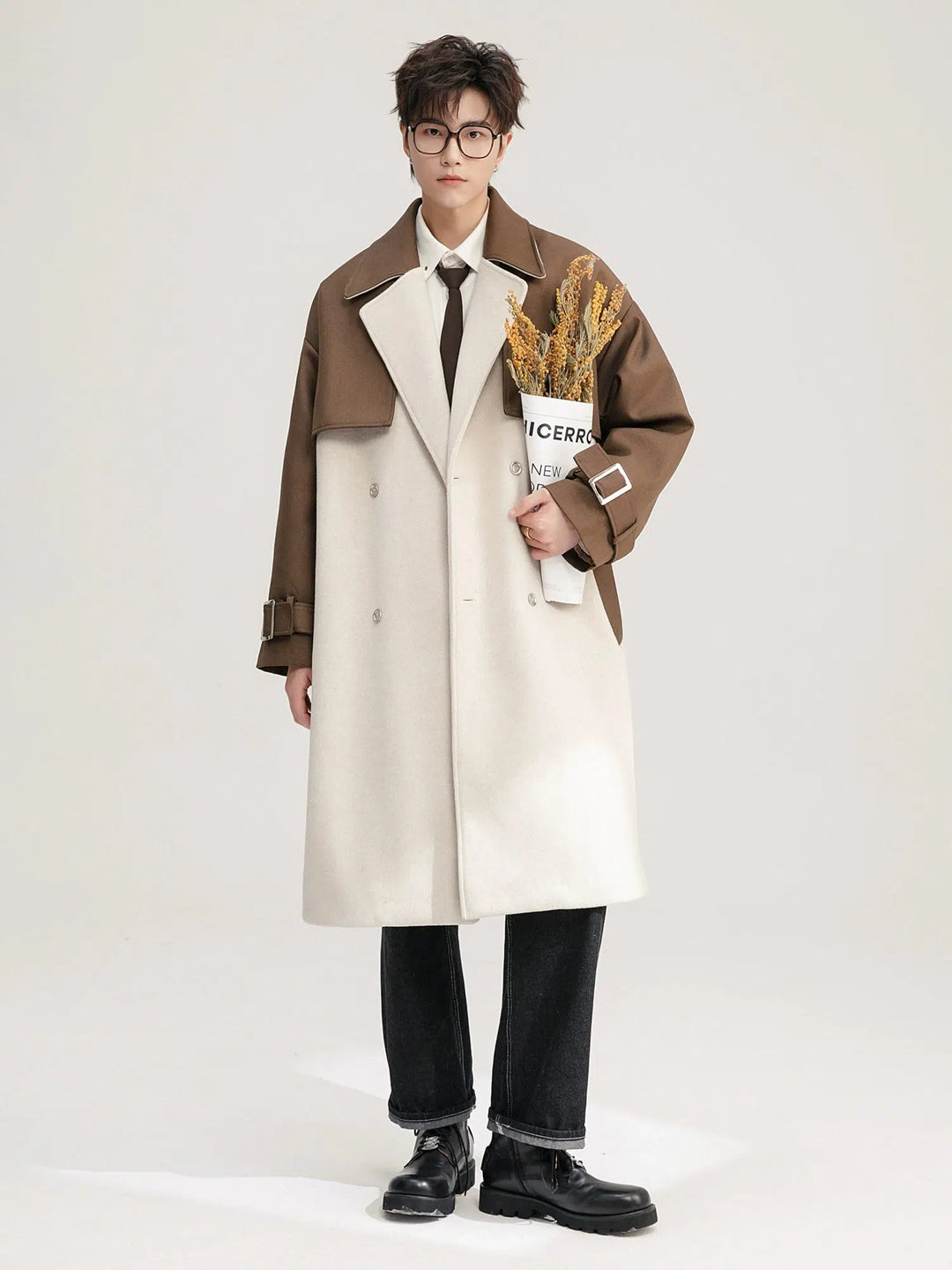 Dual-Tone Contrast Wool Coat with Belt-The Korean Fashion