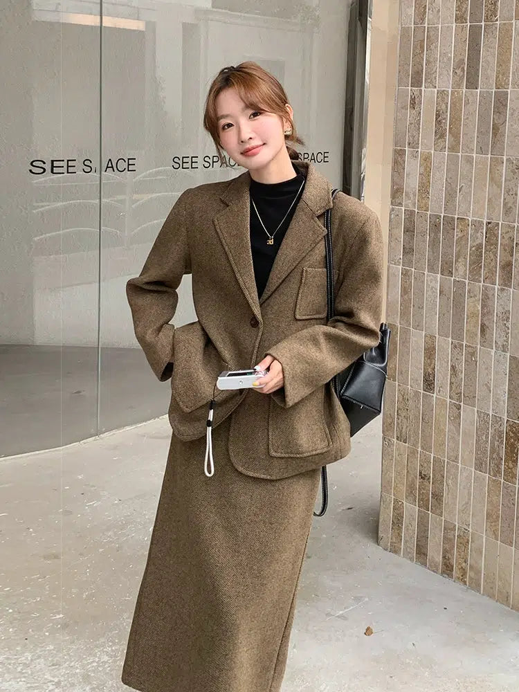 Wool Suit Skirt Two-Piece Set