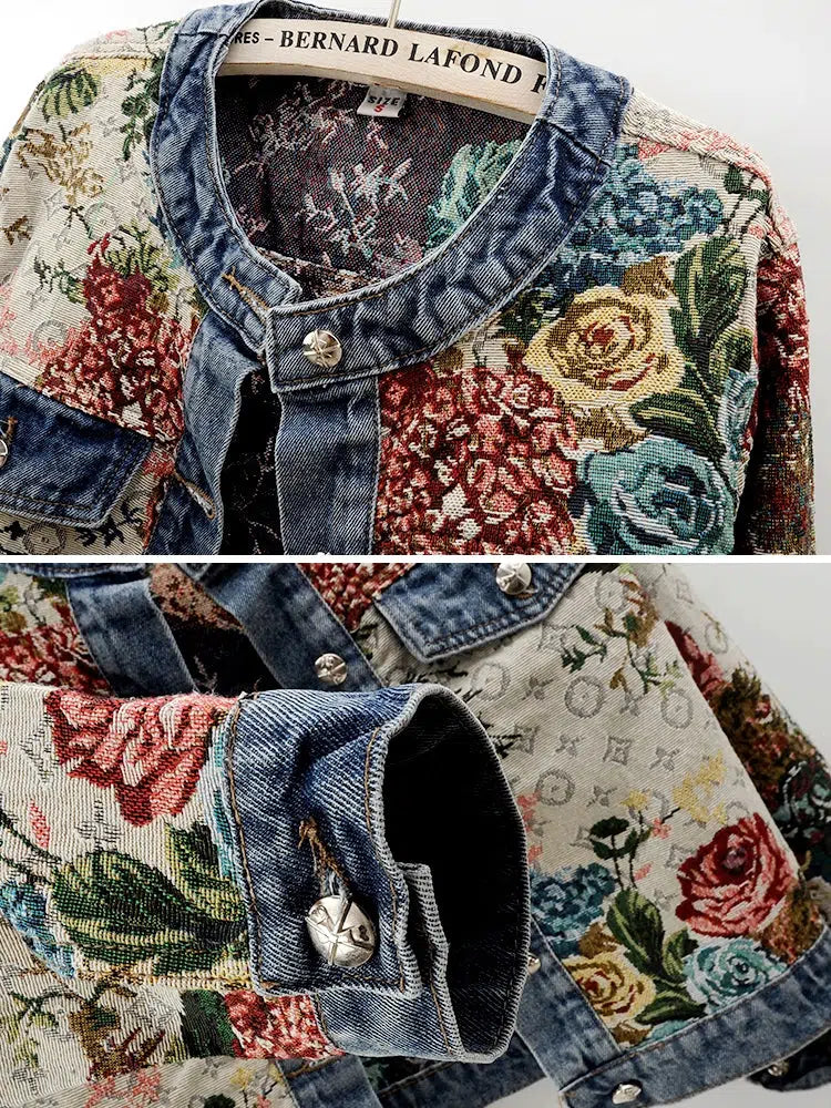 Retro Jacquard Denim Jacket with Round Neck-The Korean Fashion