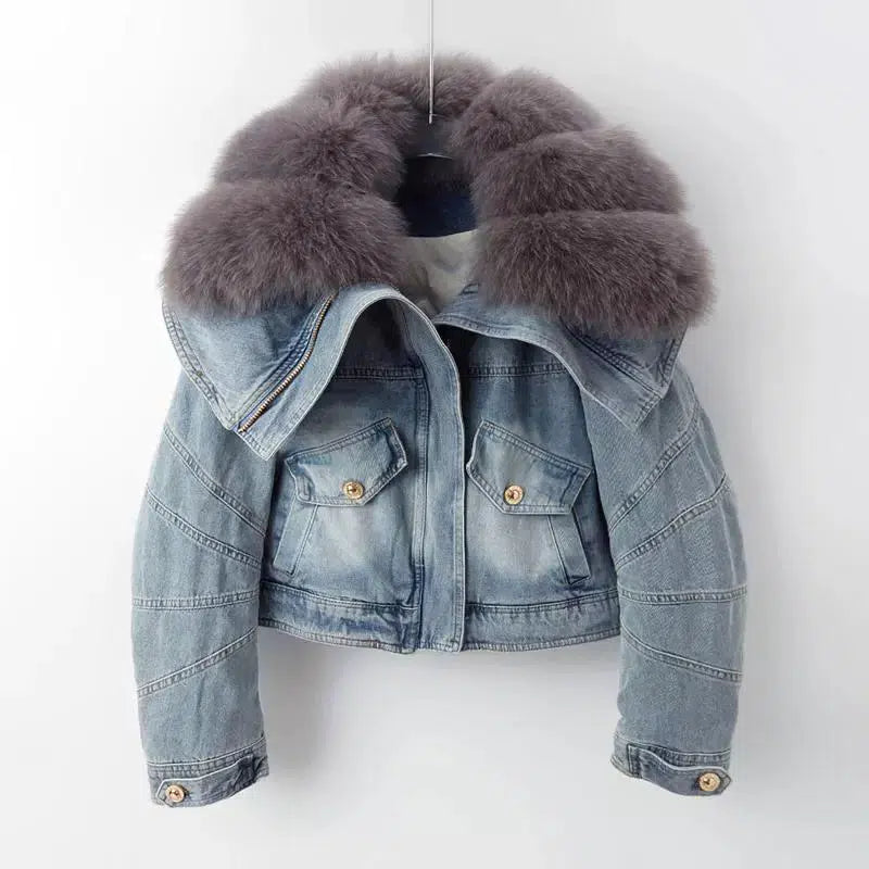 Winter Fox Fur Collar Denim Jacket with Plush Lining-The Korean Fashion