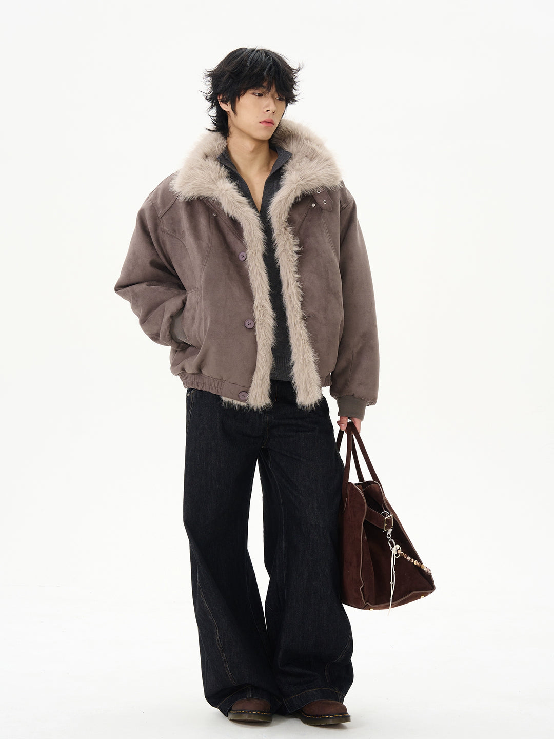 Insulated Suede Jacket with Fur Trim