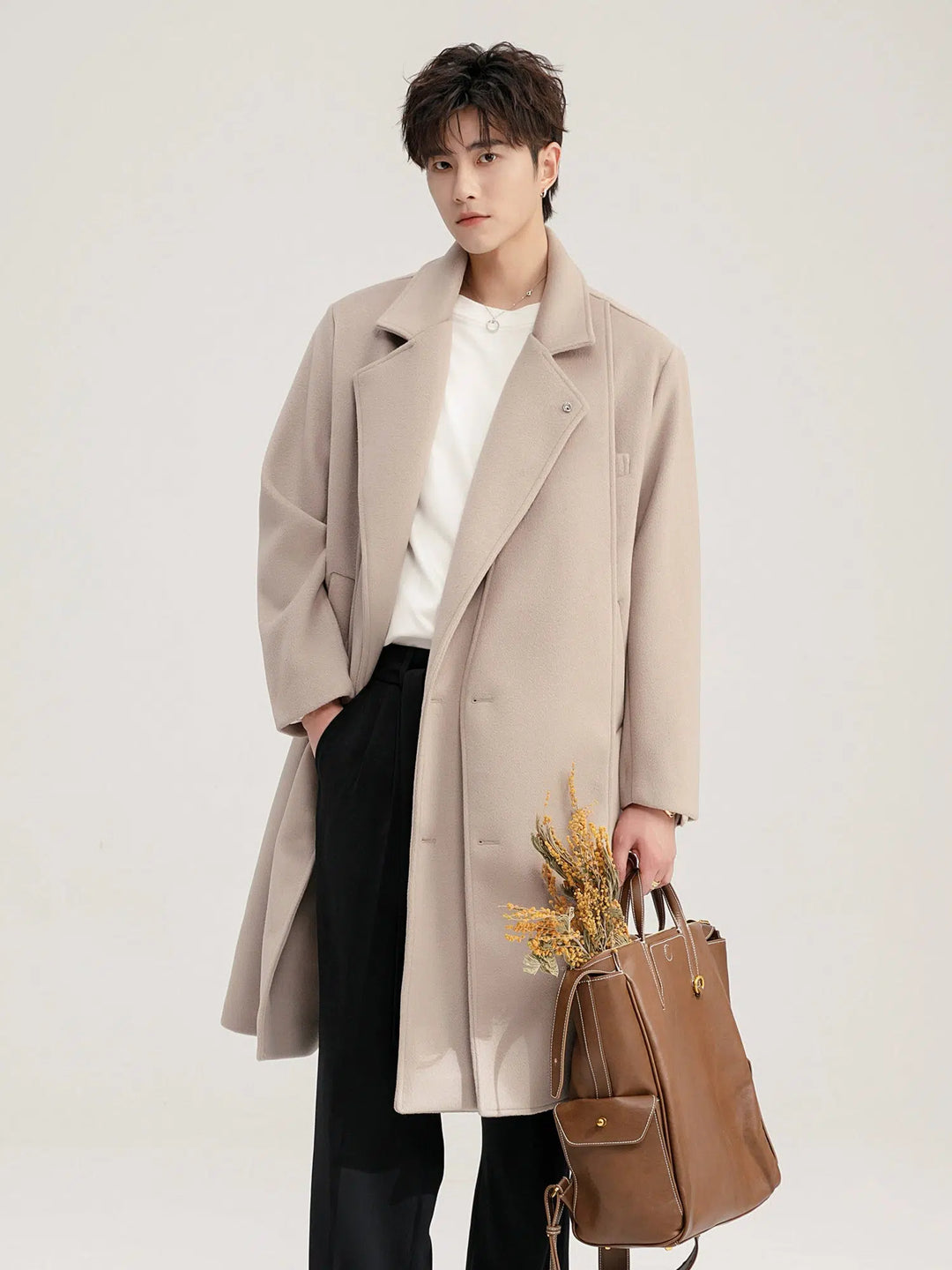 Medium-Length Wool Coat with Scarf-The Korean Fashion