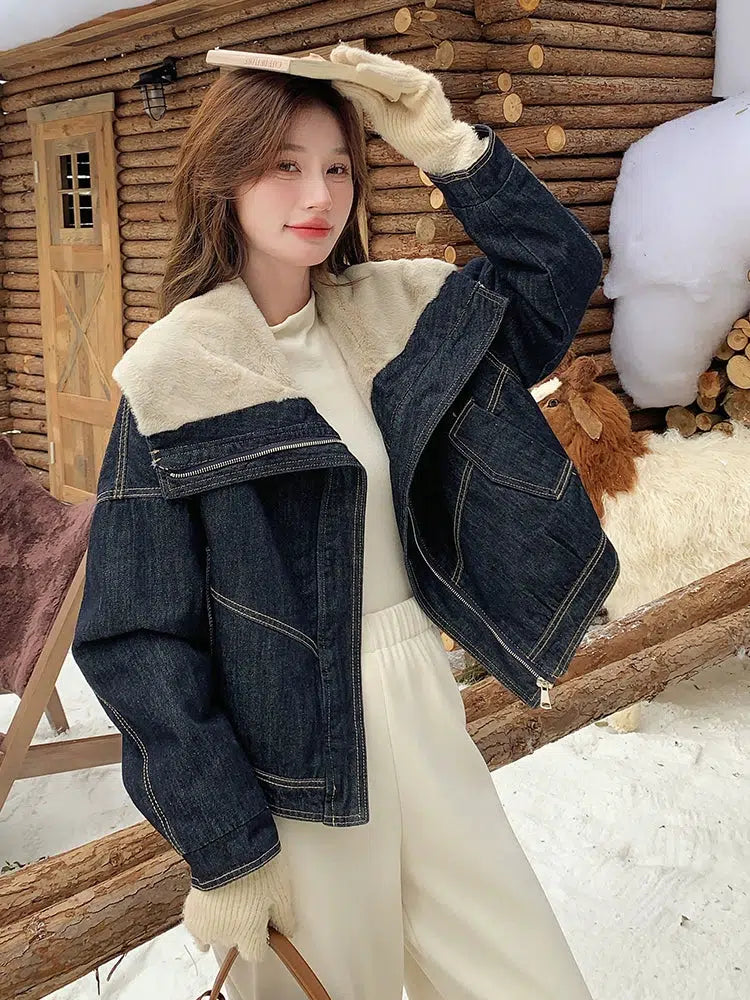 Lambswool Collar Denim Jacket Women’s Coat-The Korean Fashion