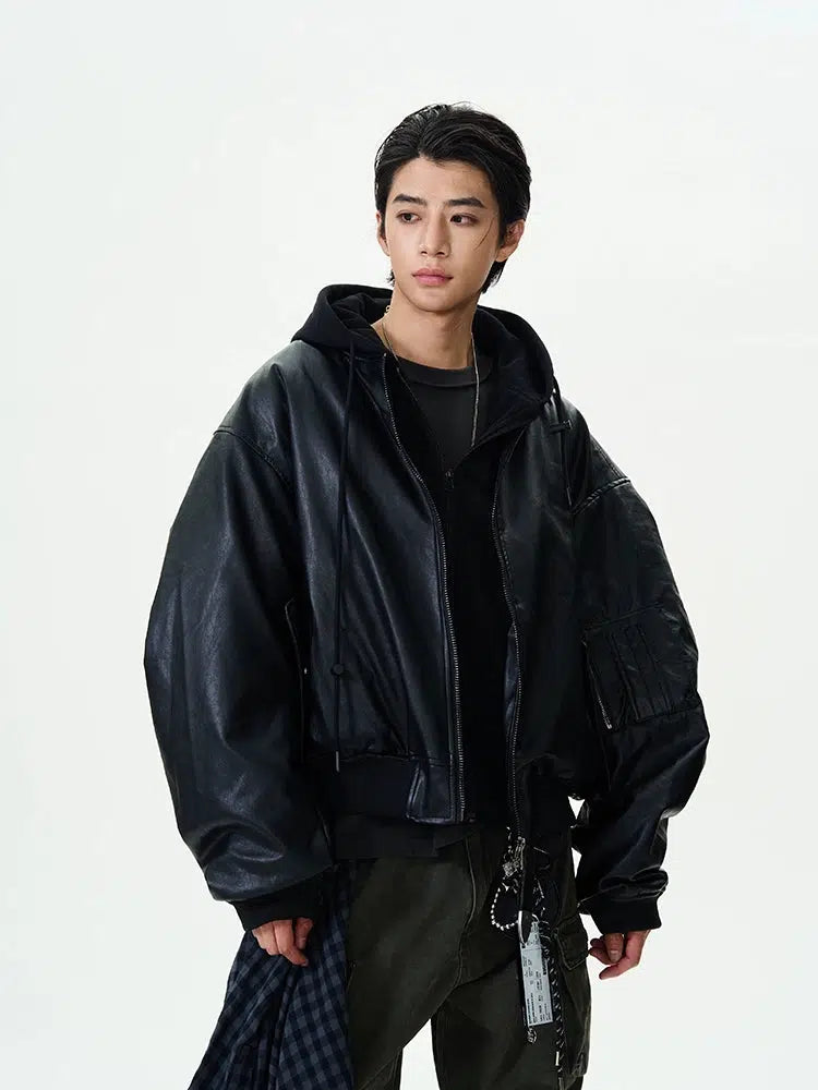 Thick Leather Bomber Jacket with Hood-The Korean Fashion