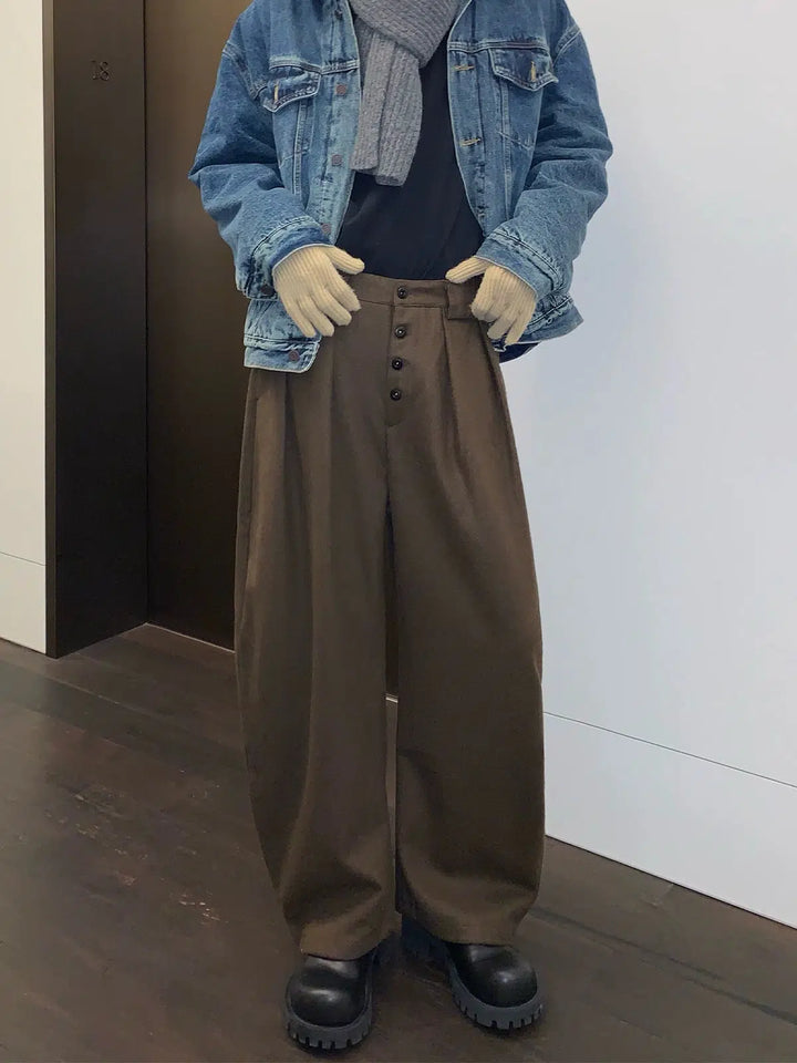 Button Straight Wool Casual Pants-The Korean Fashion