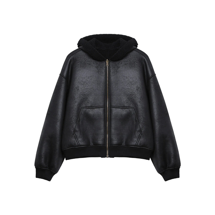 Lambskin Collar Leather Hooded Jacket