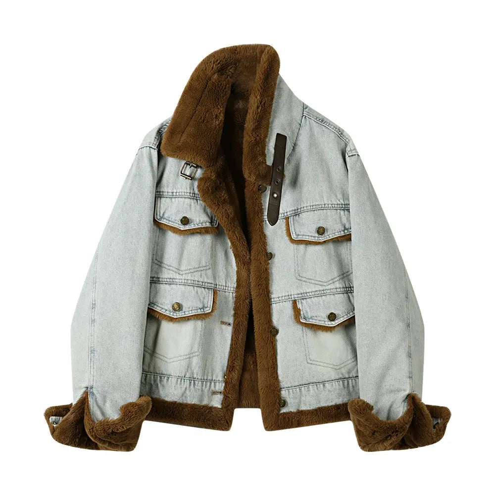 Buckle Collar Faux Fur Lined Denim Coat