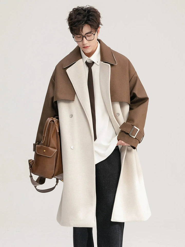 Dual-Tone Contrast Wool Coat with Belt-The Korean Fashion