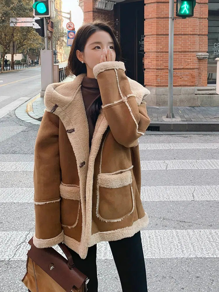 Hooded Suede Lamb Wool Winter Jacket