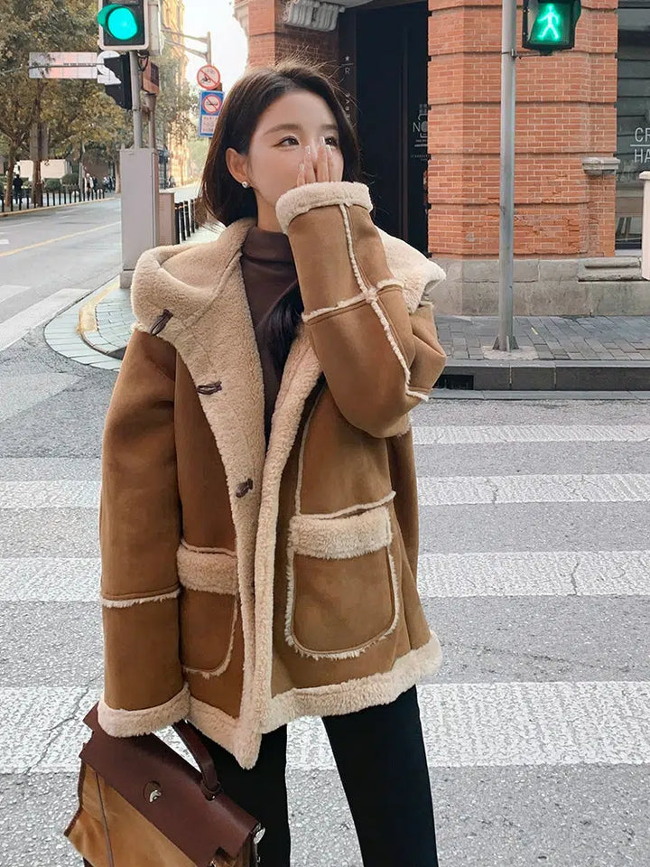 Hooded Suede Lamb Wool Winter Jacket-The Korean Fashion