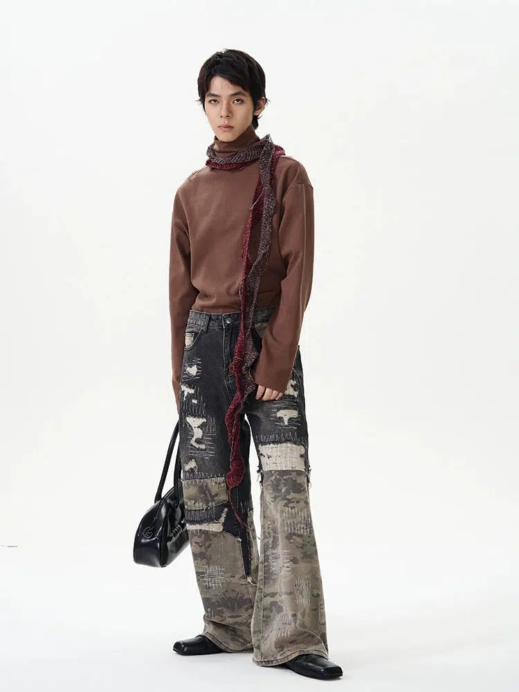 Layered Camouflage Stitching Jeans Pants-The Korean Fashion