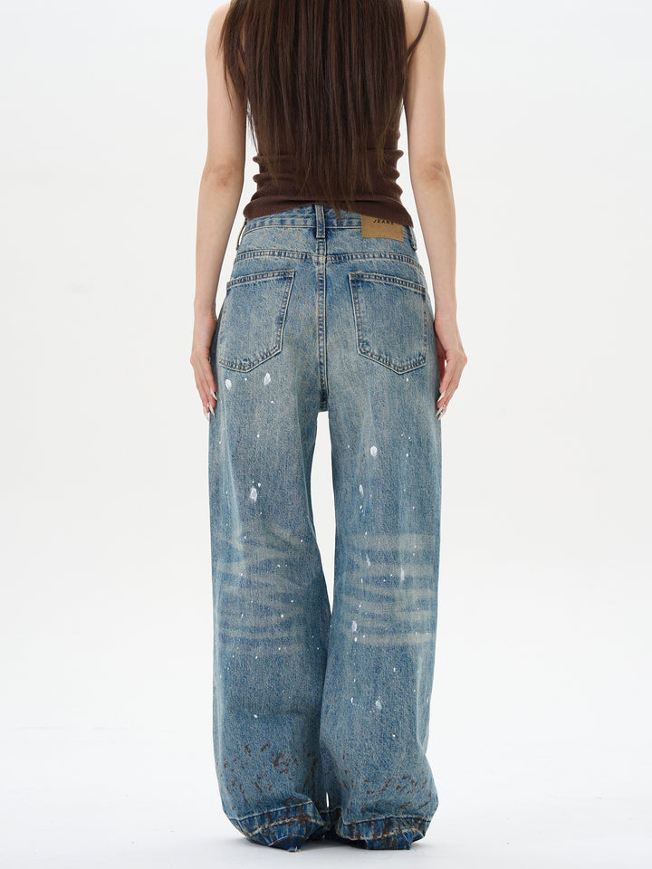 Wide-Leg Ink-Splashed Denim Pants