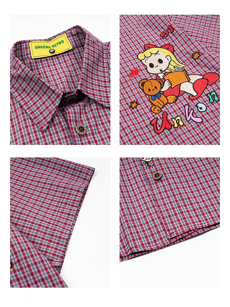 Cartoon Embroidered Plaid Short-Sleeve Shirt