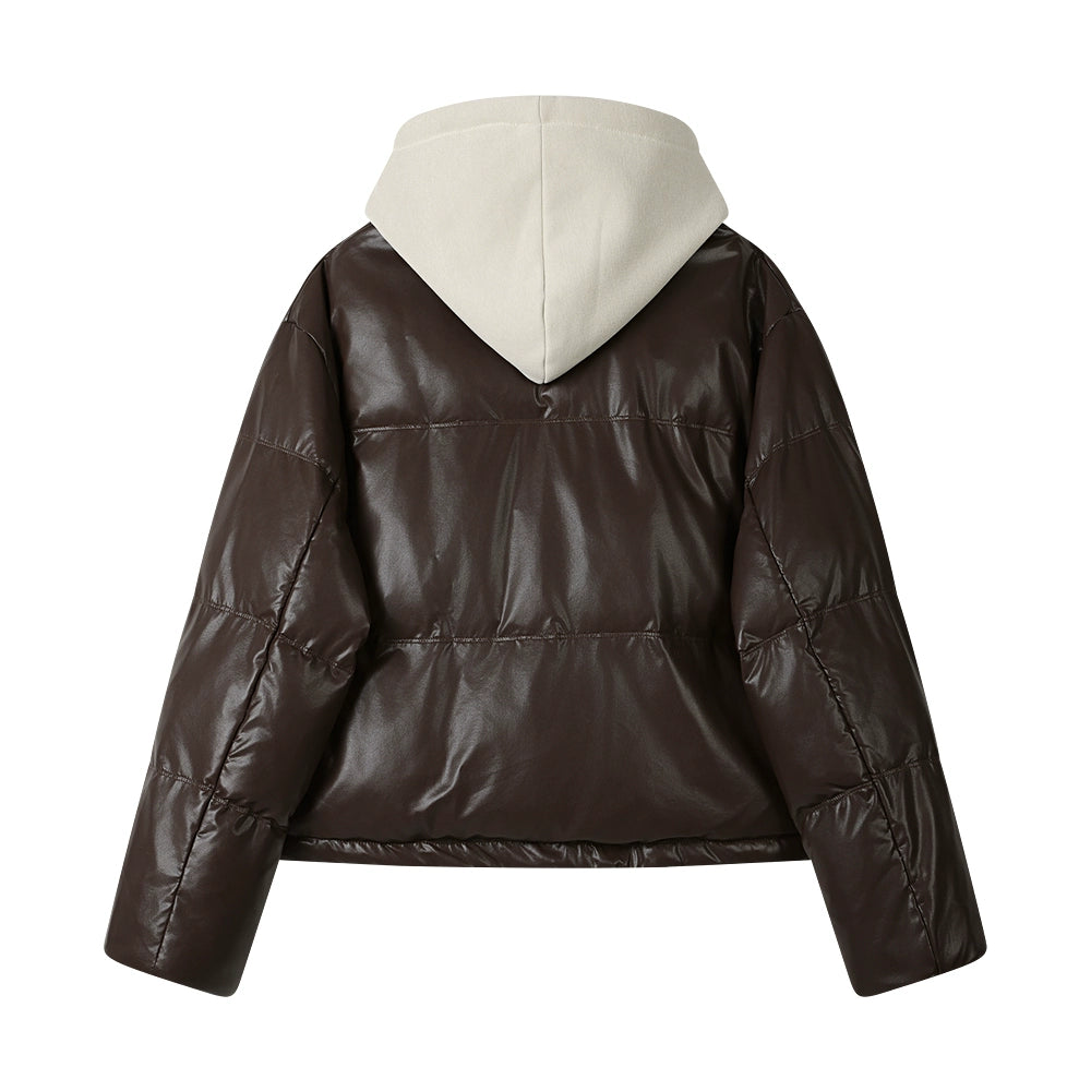 Hooded PU Leather Down Jacket