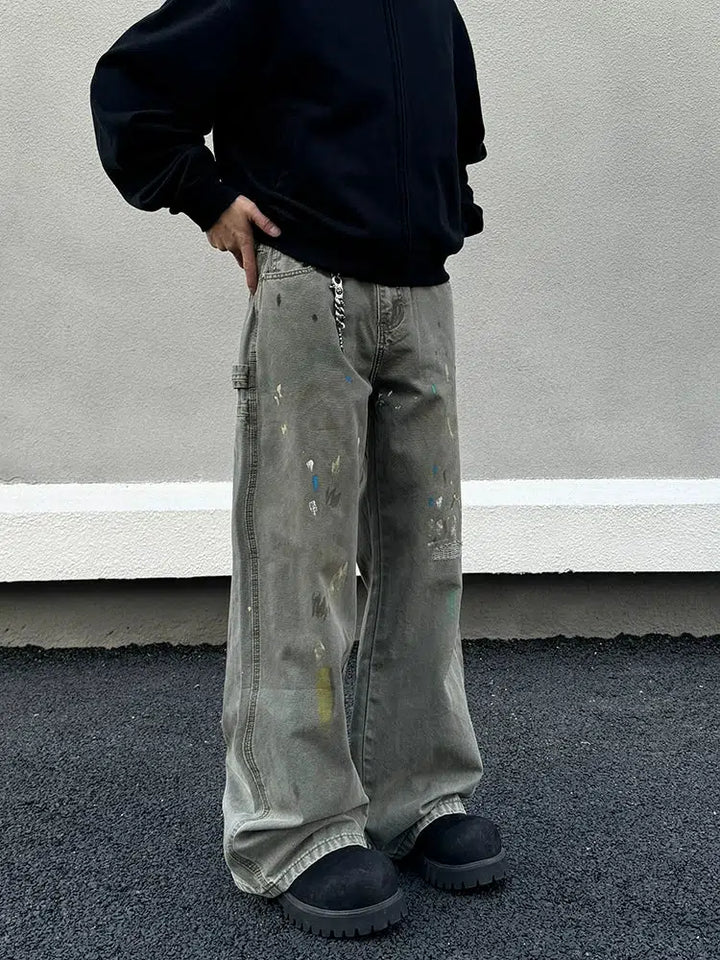 Retro Ink-Splashed Cargo Jeans