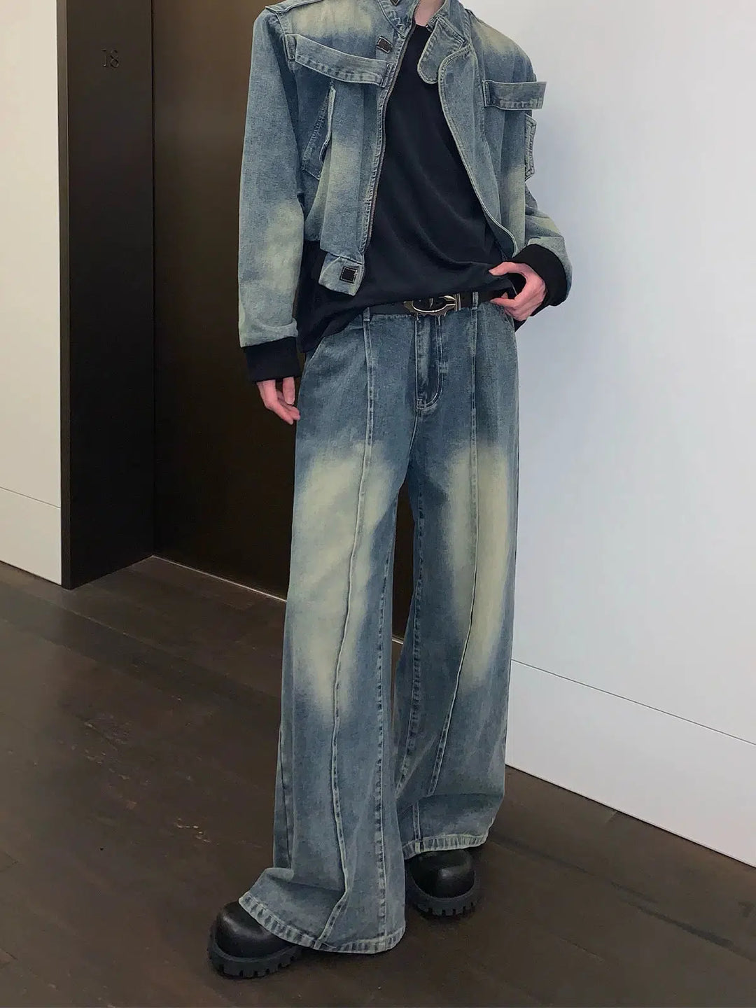 Wide-Leg Distressed Floor-Length Jeans-The Korean Fashion