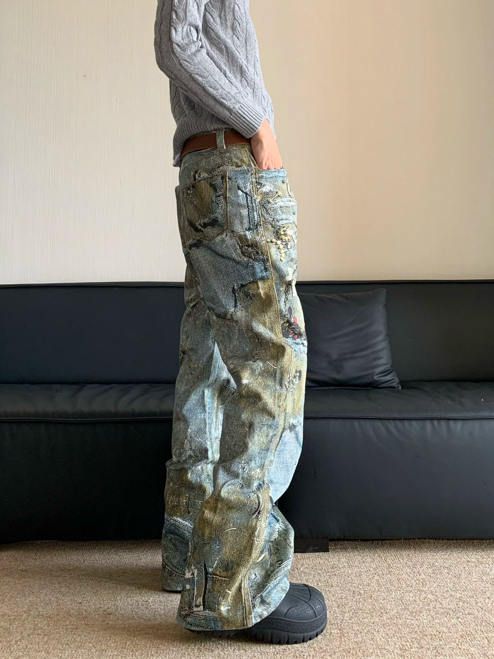 3D Printed Loose Straight Denim Pants