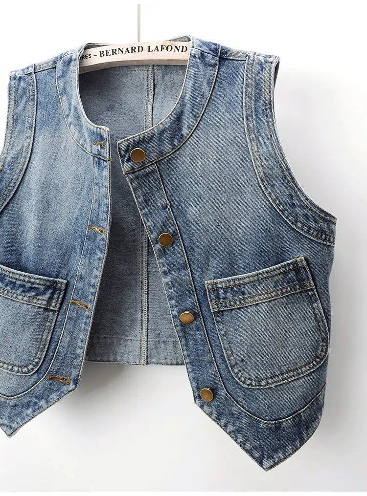 Retro Round Neck Denim Vest