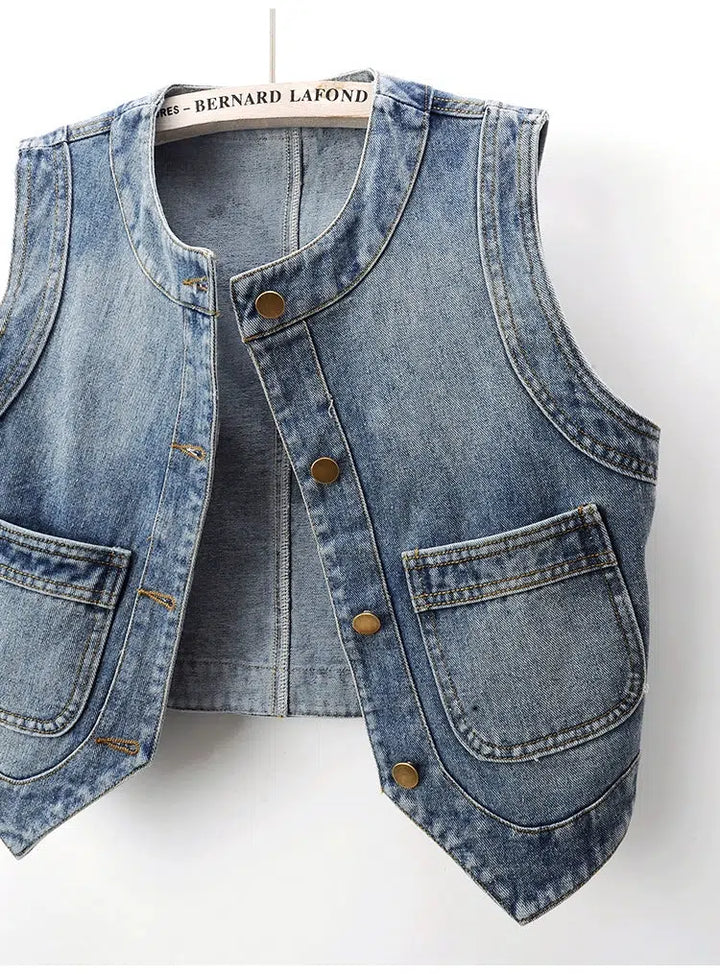 Retro Round Neck Denim Vest-The Korean Fashion