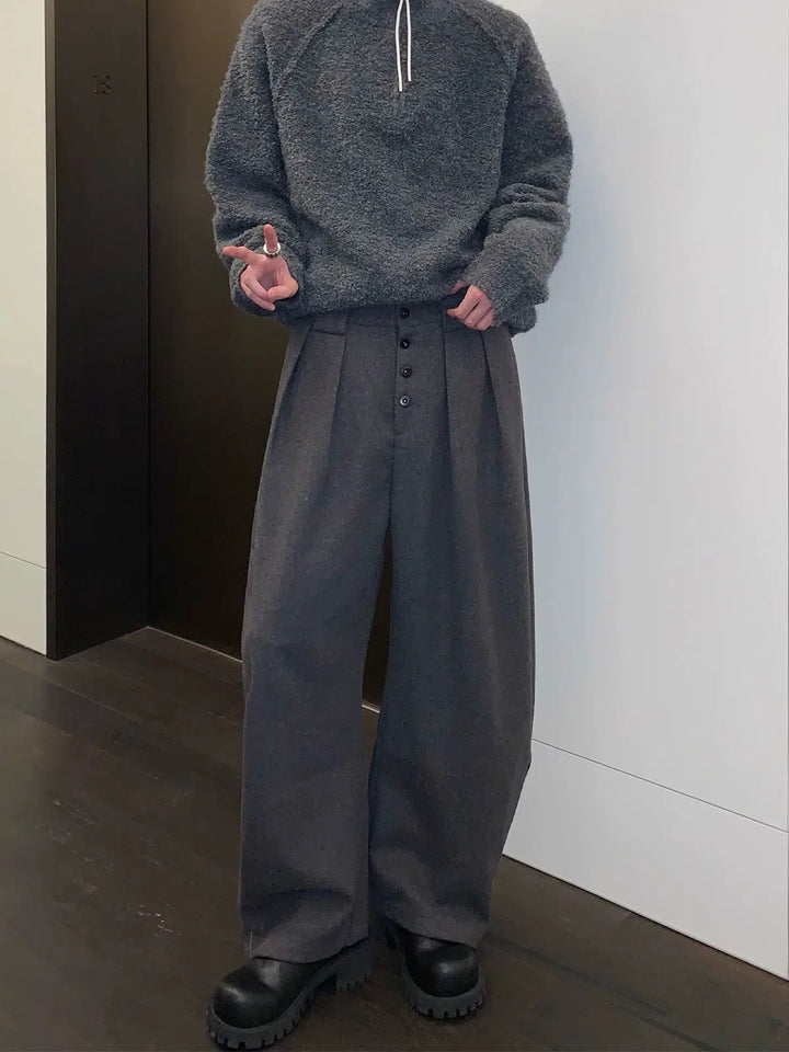 Button Straight Wool Casual Pants-The Korean Fashion