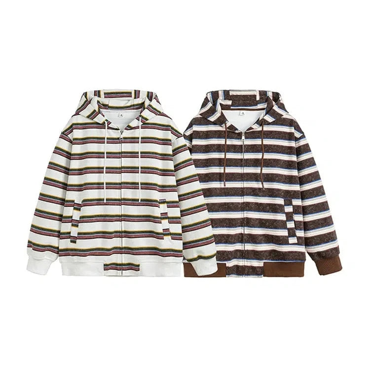 Retro Striped Hooded Sweatshirt Jacket-The Korean Fashion