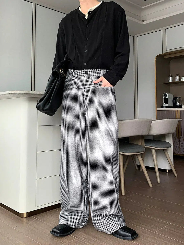 Wide-leg Checked Pleated Trousers