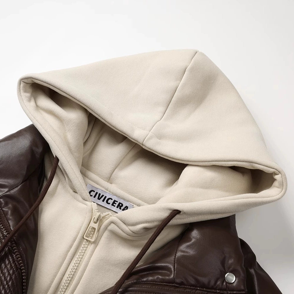 Hooded PU Leather Down Jacket