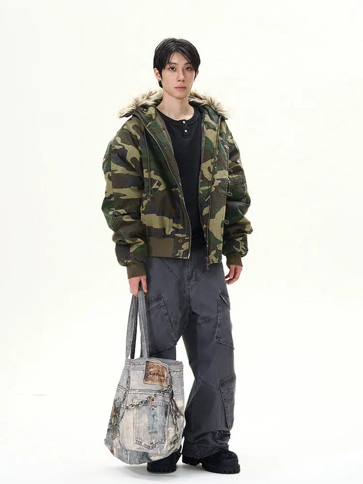 Camouflage Fur Hood Pilot Jacket-The Korean Fashion