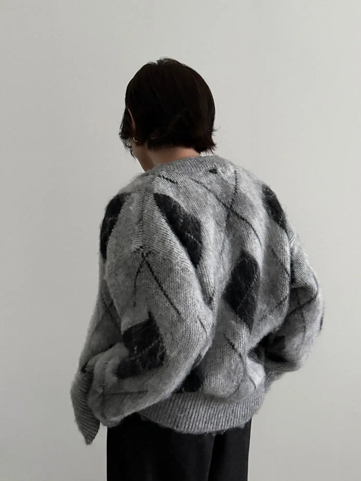 Retro Fleece Diamond Knitted Cardigan Sweater-The Korean Fashion