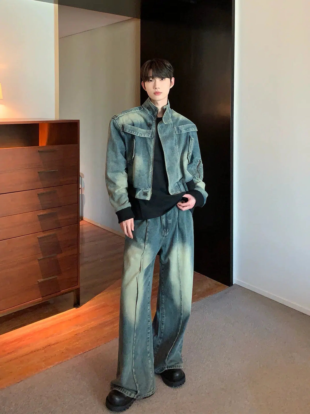 Distressed Stand Collar Denim Jacket Pants Set-The Korean Fashion