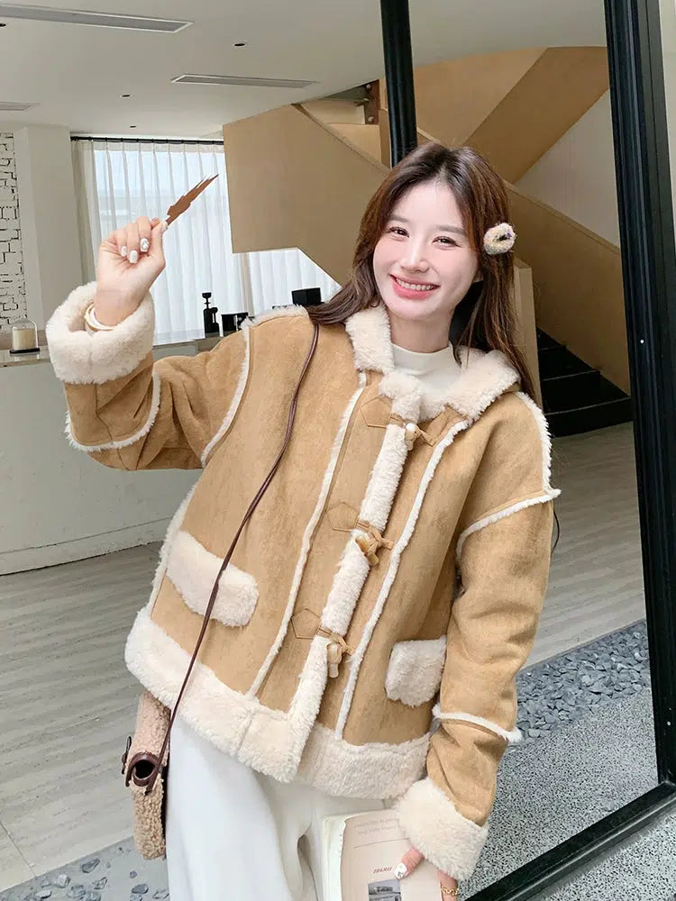 Suede Lamb Wool Hooded Fur Coat-The Korean Fashion