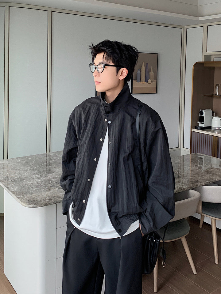 Pleated Jacket with Stand Collar