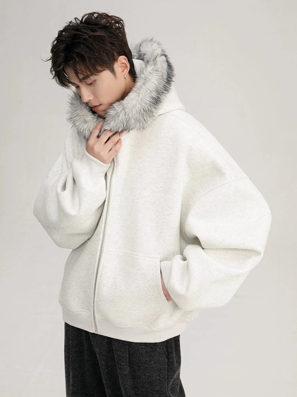 Hooded Fur Collar Zipper Cardigan Hoodie-The Korean Fashion