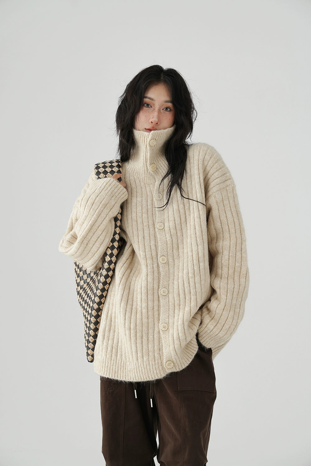 Ribbed Turtleneck Button-Up Sweater Jacket