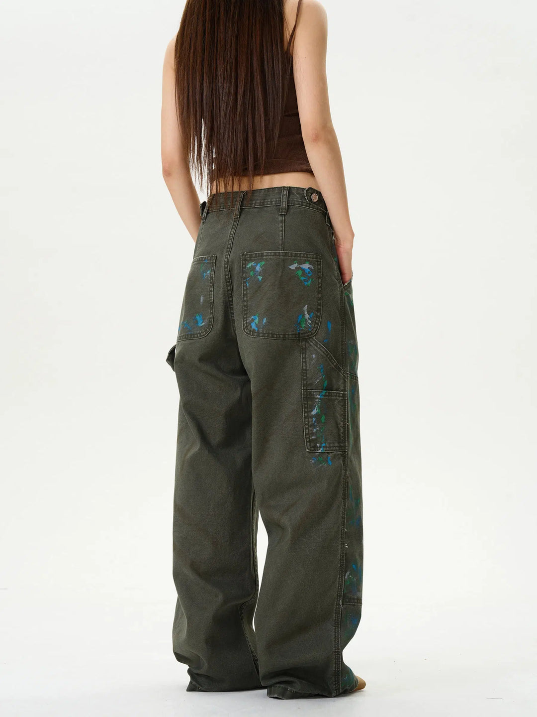 Retro Ink-Splashed Denim Cargo Pants