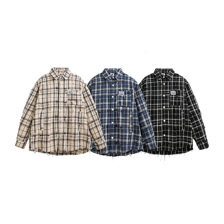 Retro Plaid Distressed Long-Sleeve Shirt-The Korean Fashion