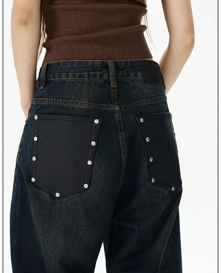 PU Leather Patch Pocket Jeans