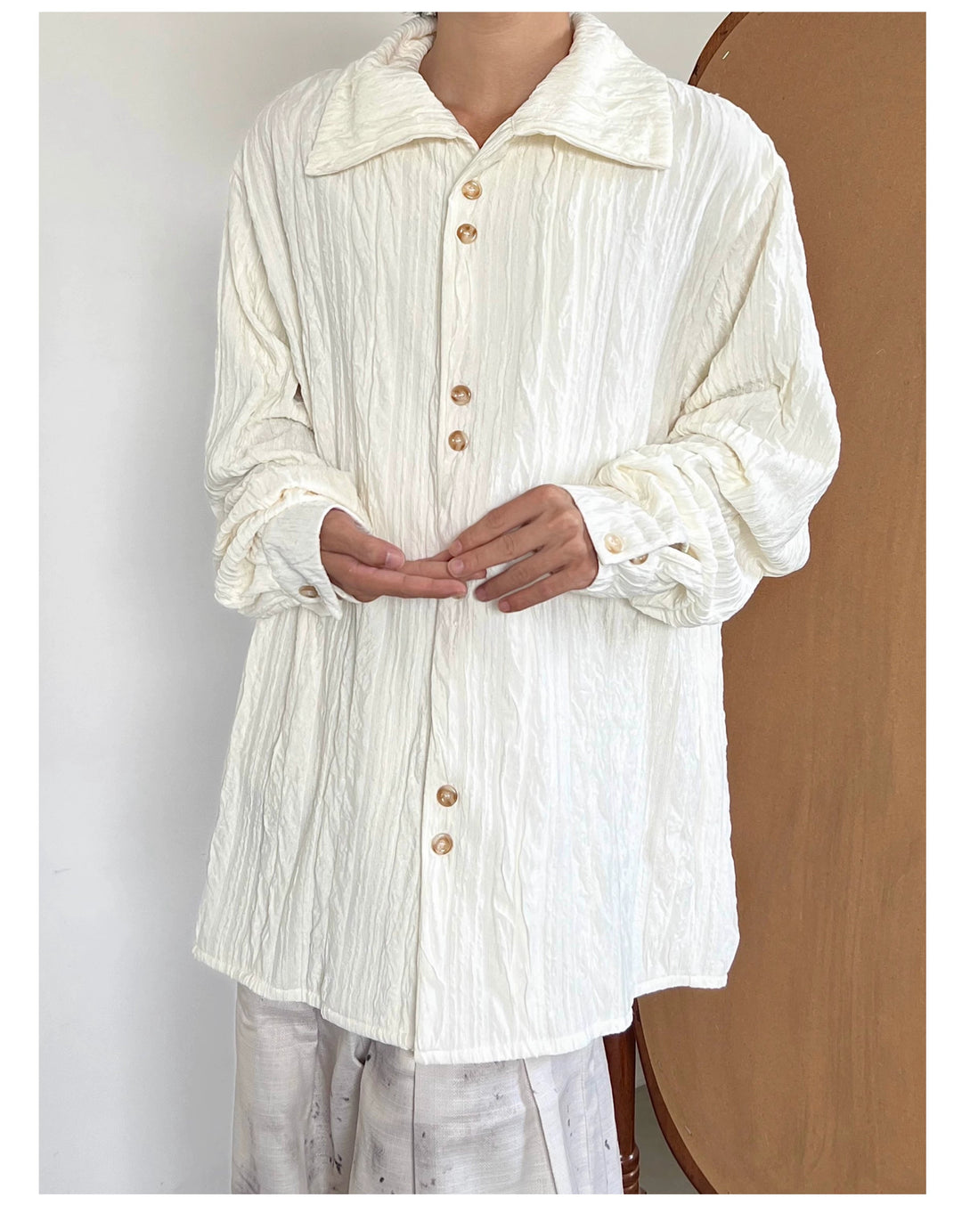 Pleated High Collar Long Sleeve Shirt