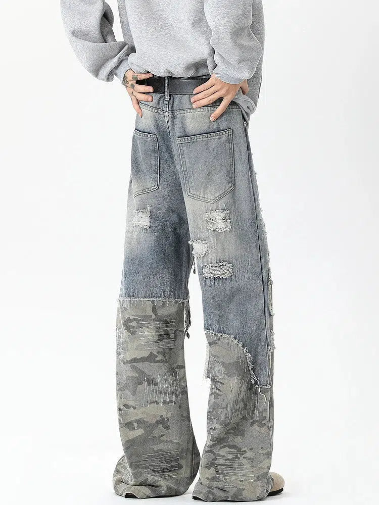 Distressed Patchwork Wide-Leg Jeans