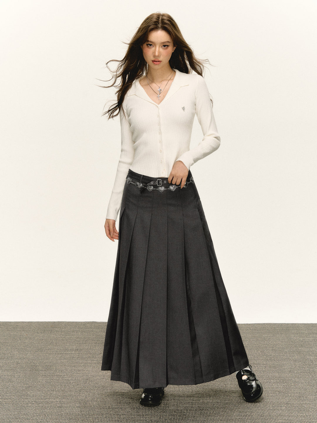 Pleated A-Line Skirt with Belt