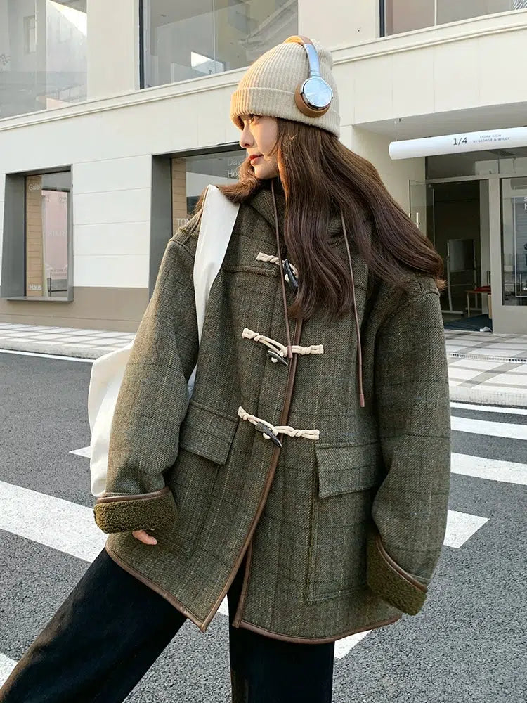 Hooded Horn Button Wool Coat-The Korean Fashion