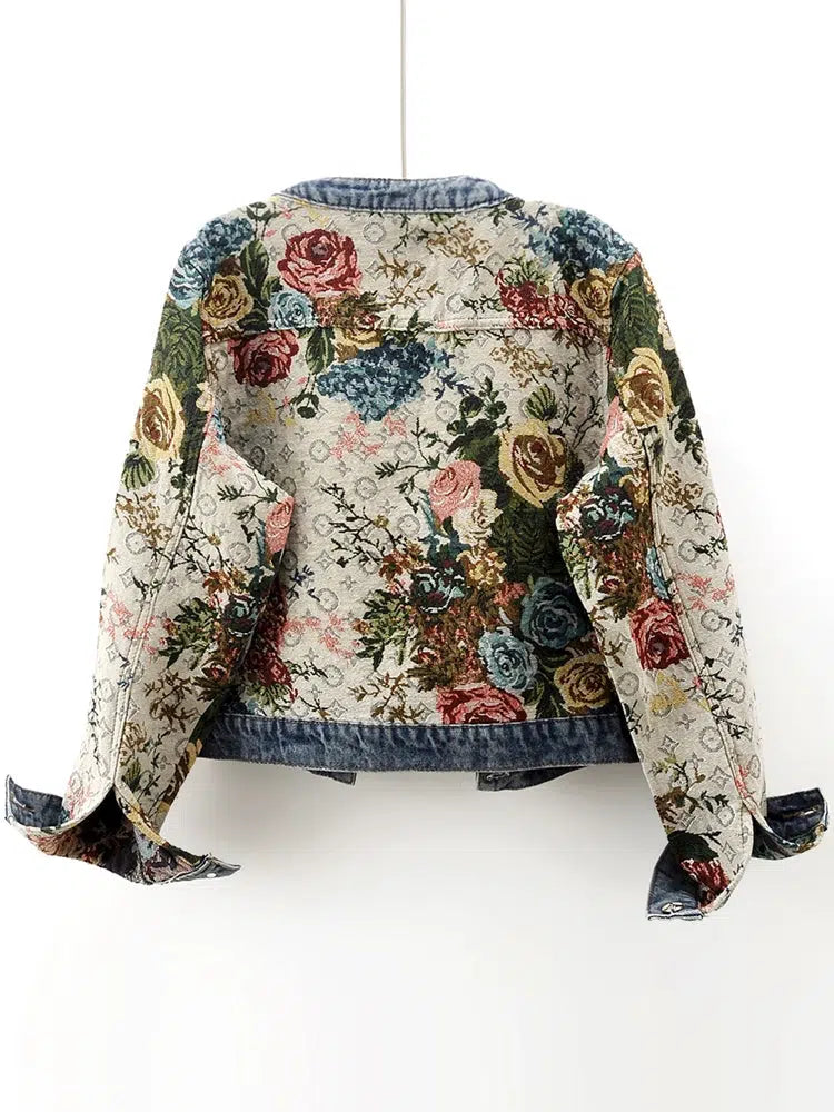 Retro Jacquard Denim Jacket with Round Neck-The Korean Fashion