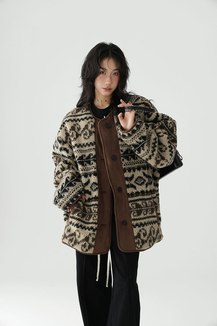 Retro Stitching Lamb Wool Coat