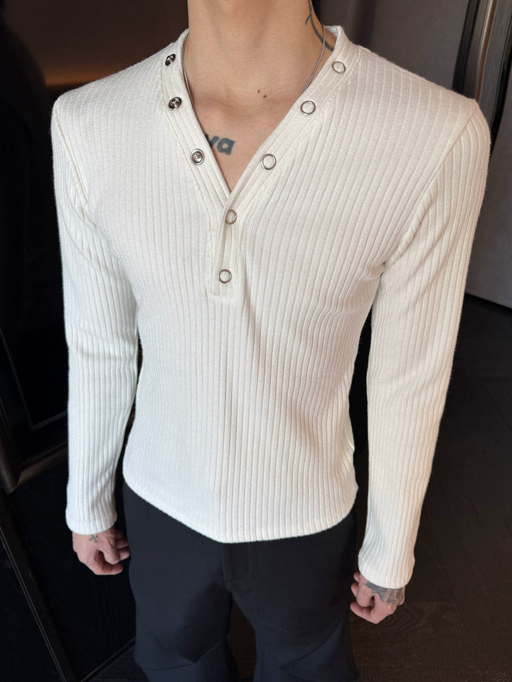 V-Neck Button Slim Knit Sweater