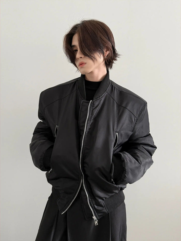 Padded Shoulder Metal Zipper Cotton Flight Jacket-The Korean Fashion